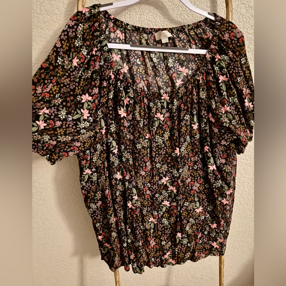 LOFT Black Floral Peasant Top